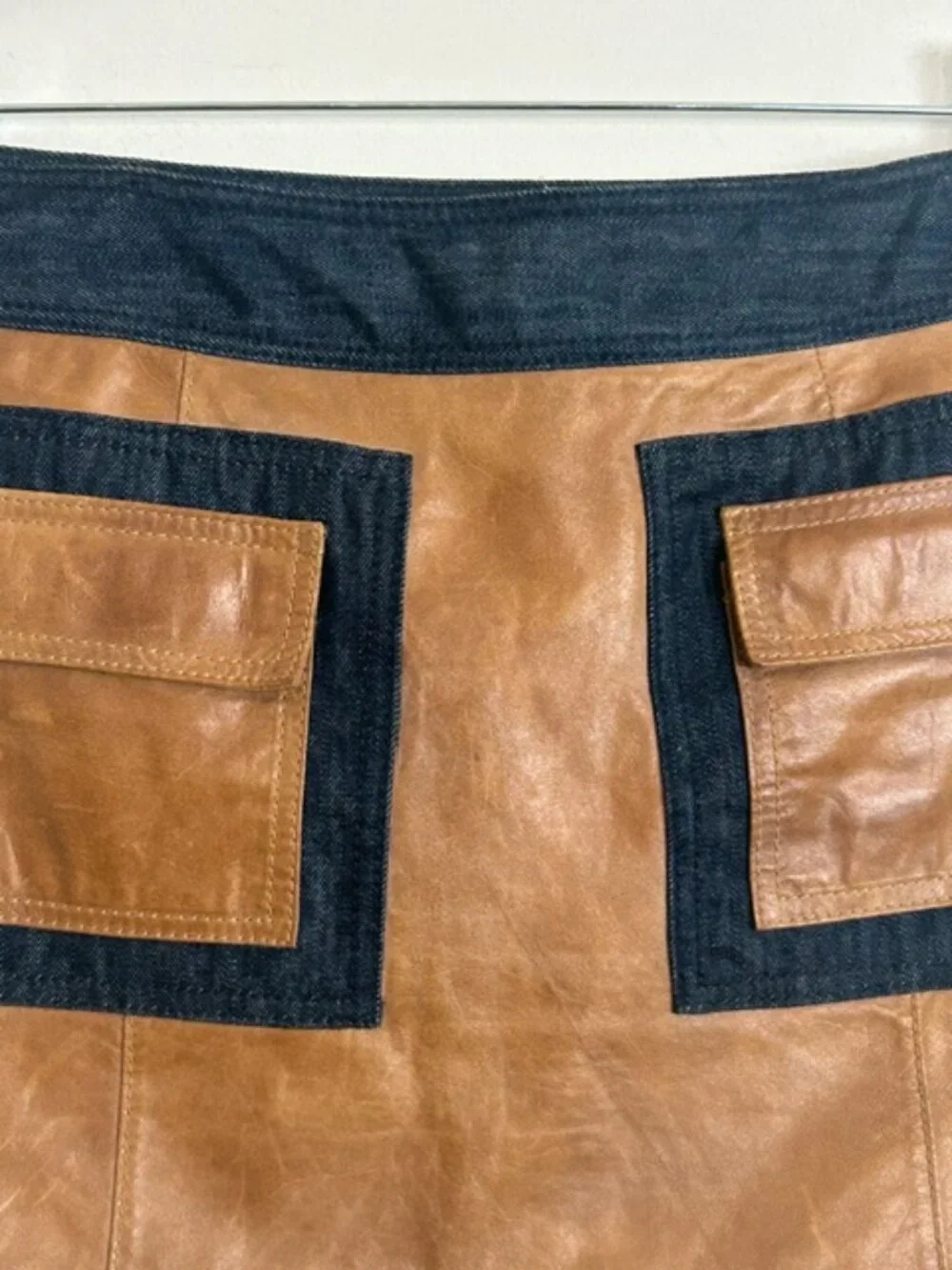 Michael Kors Genuine Leather and Denim Lined Pocket Side Zip Cargo Mini Skirt